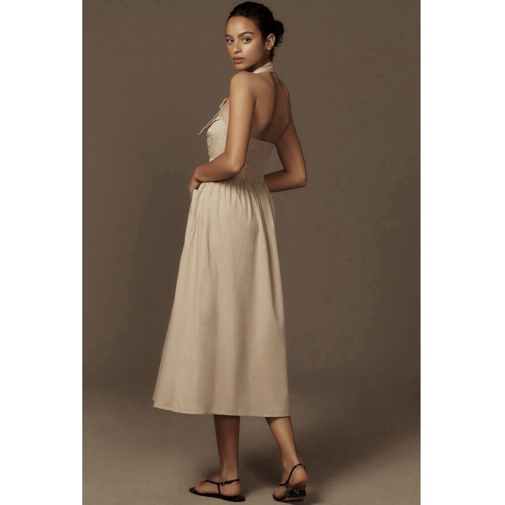 Anthropologie Porridge Halter Preppy Utility Midi Dress Sz Md Taupe - Picture 2 of 7